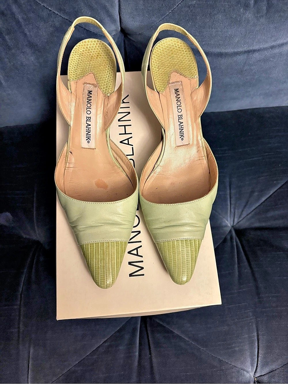 Manolo Blahnik Cheren Snakesin Slingback Heels Green & Tan EU 37.5 Y2k